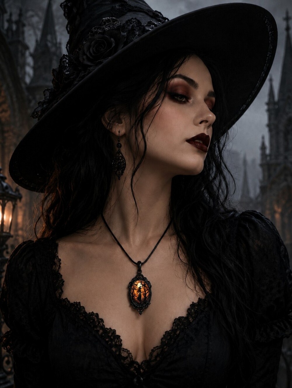 Retro Style Bat Witch Pendant Cameo Black Pendant  Necklace Gothic Glass Pendant